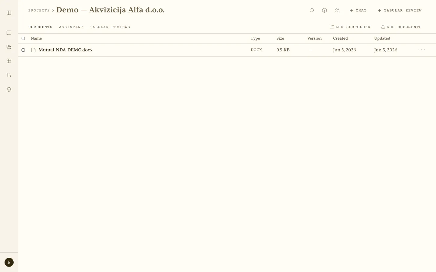 Project view for the Acquisition Alfa d.o.o. matter
