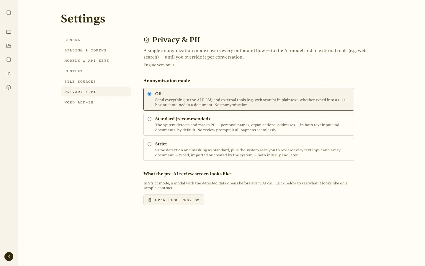 Account → Privacy & PII with the three anonymisation modes