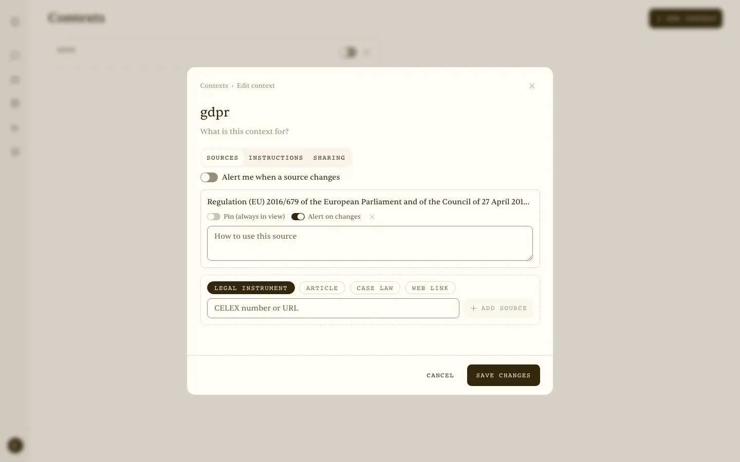 Edit context — Sources tab