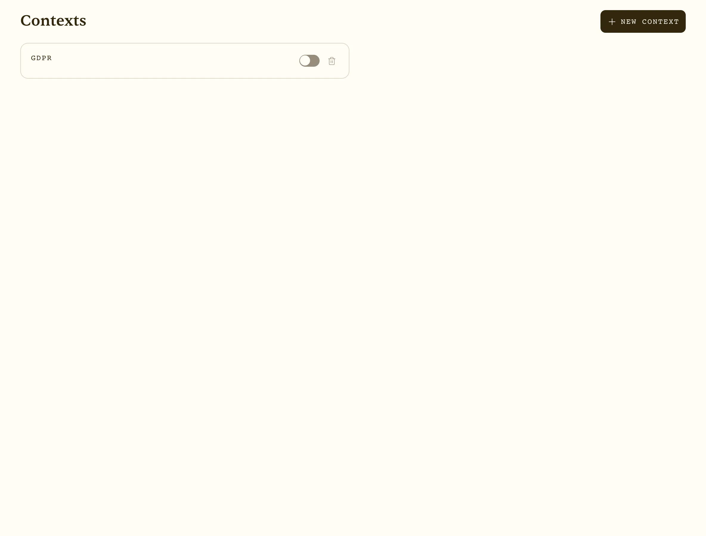 Contexts page — reusable source + instruction bundles with an on/off toggle