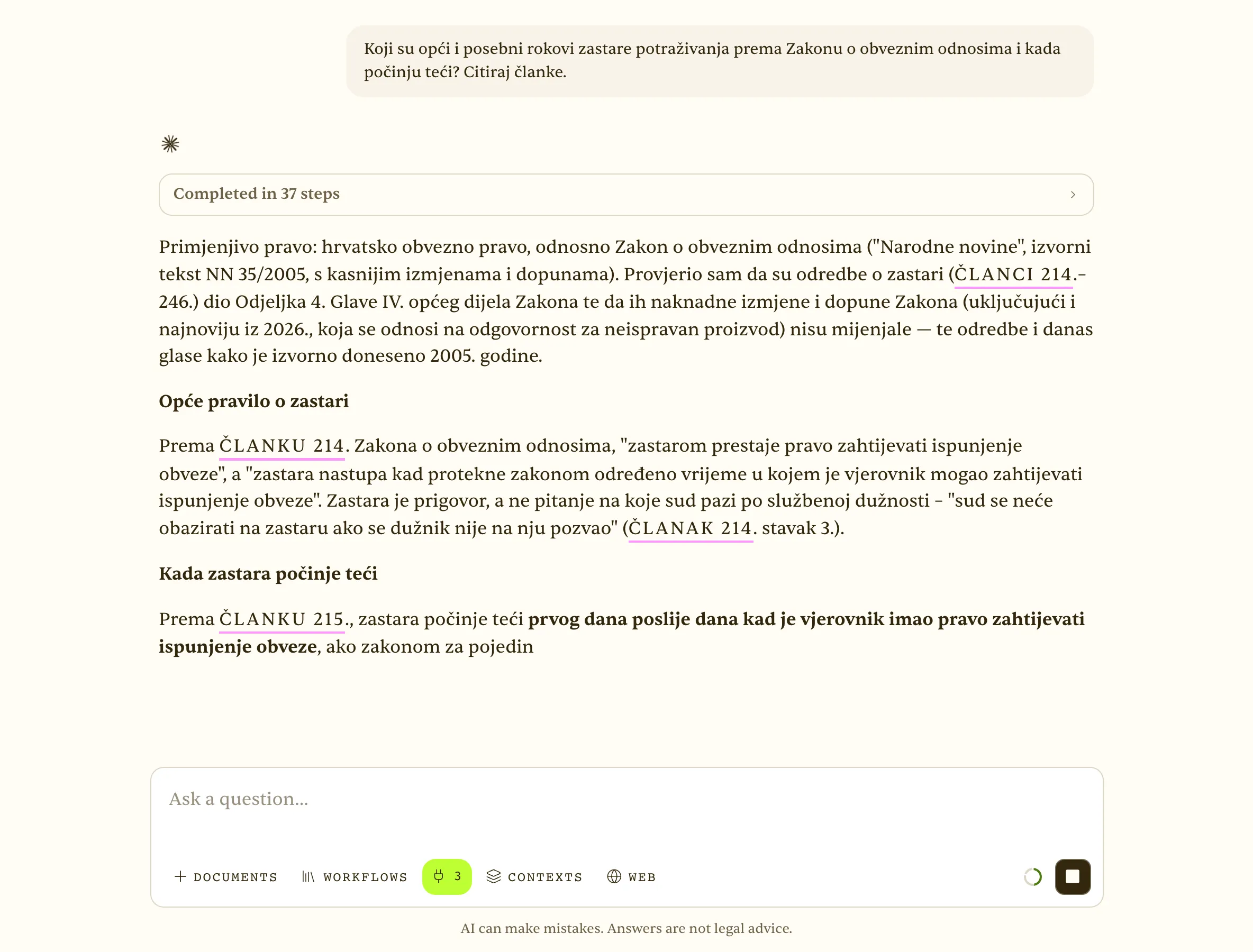 Answer on limitation periods, cited to specific articles of the Obligations Act