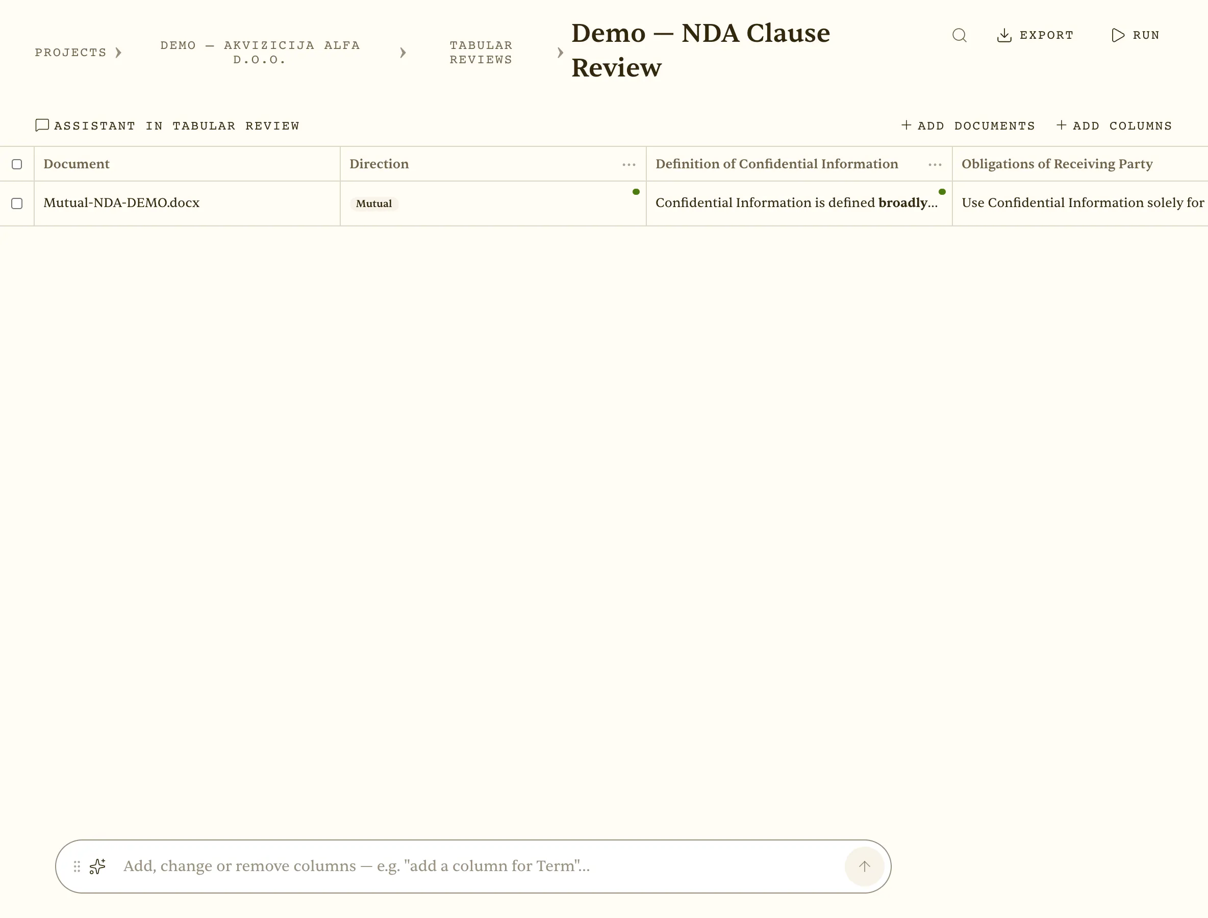 A 60-row tabular review of lease agreements with citations in every cell